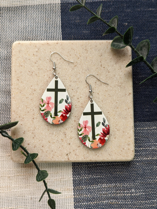 Floral Cross Teardrop Earrings | Faith | Christian | Easter | Resurrection Day | Lightweight Teardrop Earrings