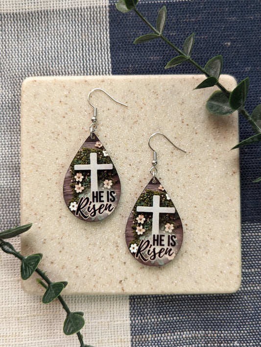 He Is Risen | Resurrection Day | Easter | Floral | Cross | Faith | Christian| Teardrop Earrings