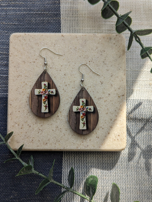 Floral | Country Western | Cross | Wood Background | Faith | Christian | Teardrop Earrings