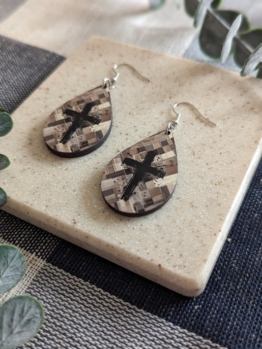 Checkered | Wooden Background | Paint Splatter | Cross | Neutral | Faith | Christian | Teardrop Earrings