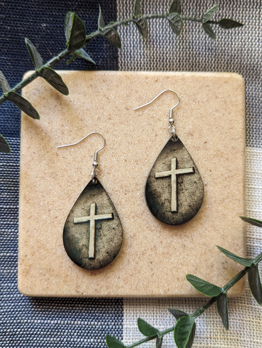 Weathered | Worn | Antiqued | Cross | Neutral |Faith | Christian | Teardrop Earrings