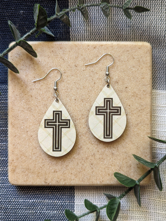 Checkered Background | Double Cross | Neutral | Faith | Christian | Teardrop Earrings