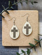 Checkered Background | Double Cross | Neutral | Faith | Christian | Teardrop Earrings