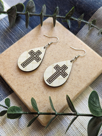 Checkered Background | Double Cross | Neutral | Faith | Christian | Teardrop Earrings