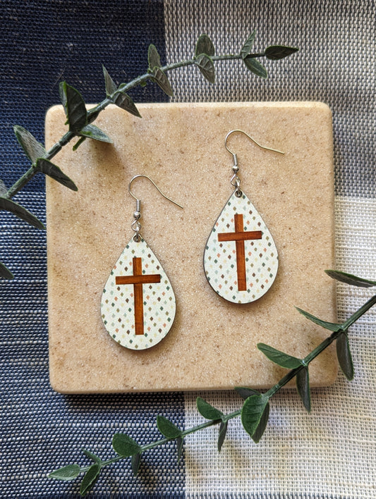 Multi Color Diamond Shaped Dots | Wooden Cross | Neutral | Faith | Christian | Teardrop Earrings