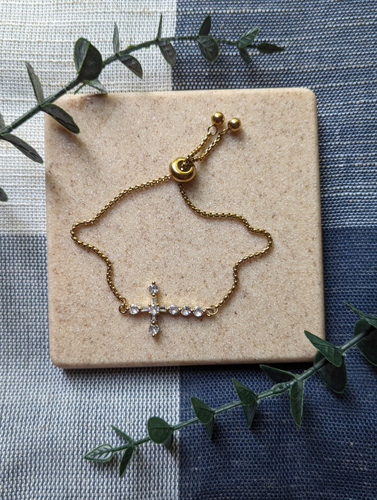 Gold Cross Bracelet: Cubic Zirconia Stainless Steel Bolo Bracelet