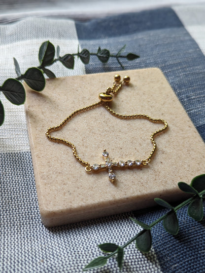 Gold Cross Bracelet: Cubic Zirconia Stainless Steel Bolo Bracelet