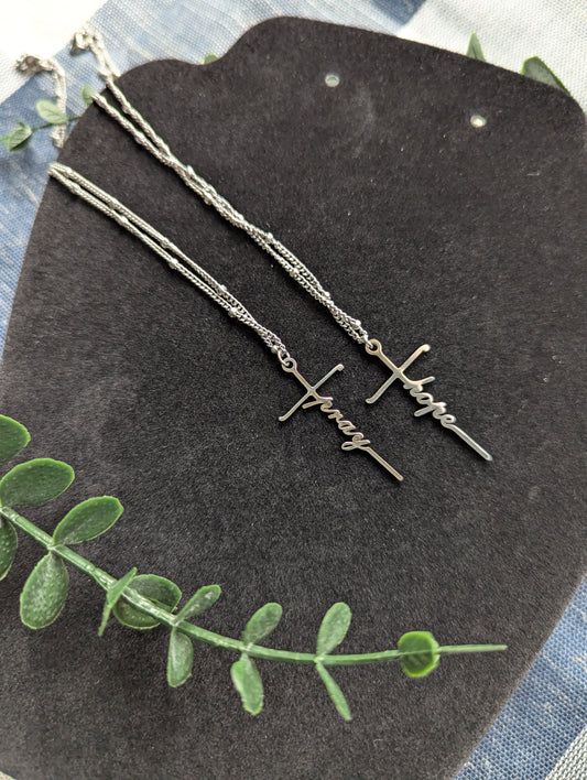 Pray or Hope Cross Pendant | Stainless Steel | Satellite Bead Chain