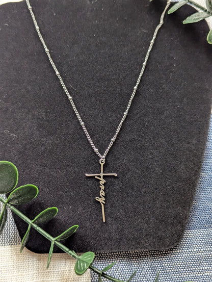 Pray or Hope Cross Pendant | Stainless Steel | Satellite Bead Chain