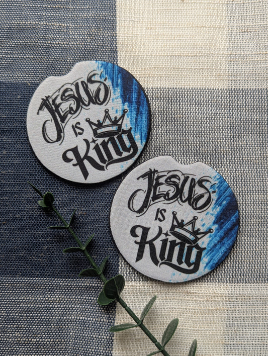 Jesus is King Car Coasters: Blue Paint Smudge, Crown, Neoprene (Set of 2)