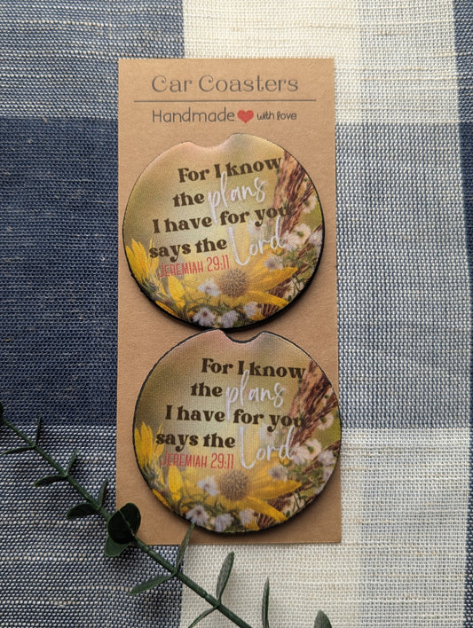 Christian Jeremiah 29:11 Car Coasters |  For I know The Plans I Have For You | Floral Flower Field | Neoprene Absorbant Cup Holder Protector