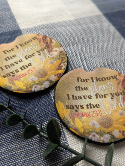 Christian Jeremiah 29:11 Car Coasters |  For I know The Plans I Have For You | Floral Flower Field | Neoprene Absorbant Cup Holder Protector