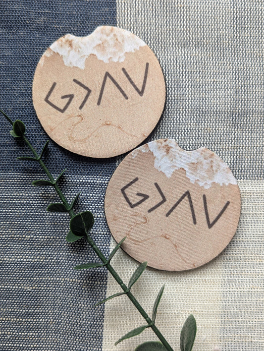 Christian Car Coasters: God Is Greater, Beach Waves - Neoprene Cup Holder Set