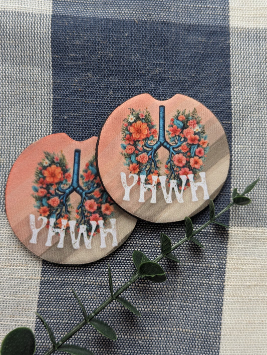 Christian Car Coasters: YHWH Floral Lungs, Neoprene Cup Holder (Set of 2)
