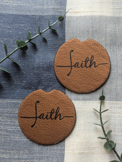 Christian Faith Car Coaster | Faux Leather Look | Neoprene Absorbant Car Cup Holder Protector