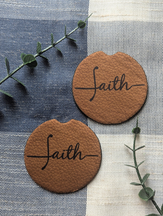 Christian Faith Car Coaster | Faux Leather Look | Neoprene Absorbant Car Cup Holder Protector
