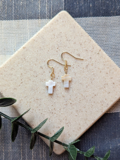 Dainty Shell Cross Earrings | Freshwater Shell with Gold-Filled Hooks | Christian Gift for Her | Lightweight & Elegant Faith Jewelry