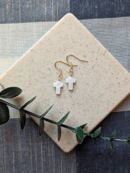 Dainty Shell Cross Earrings | Freshwater Shell with Gold-Filled Hooks | Christian Gift for Her | Lightweight & Elegant Faith Jewelry