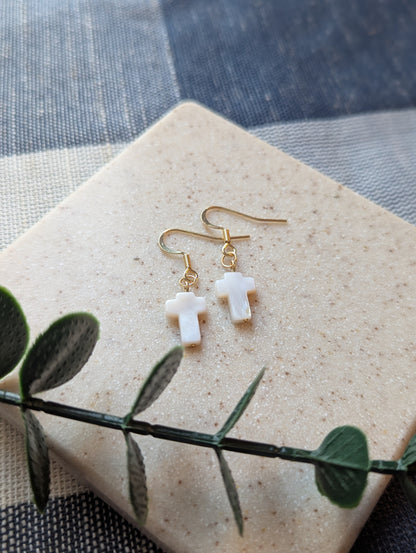 Dainty Shell Cross Earrings | Freshwater Shell with Gold-Filled Hooks | Christian Gift for Her | Lightweight & Elegant Faith Jewelry