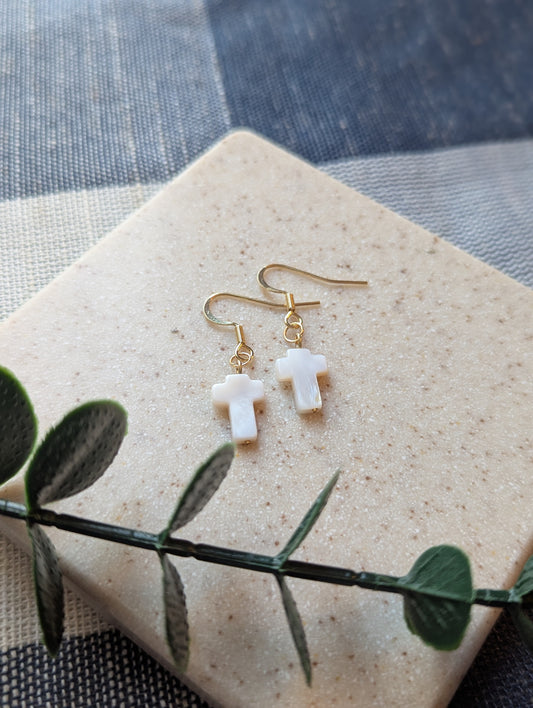 Dainty Shell Cross Earrings | Freshwater Shell with Gold-Filled Hooks | Christian Gift for Her | Lightweight & Elegant Faith Jewelry