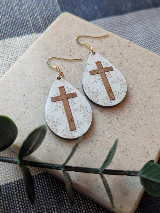 Leafy | Floral Background | Wooden Cross | Neutral | Faith | Christian | Teardrop Earrings | Gold-Filled Hooks