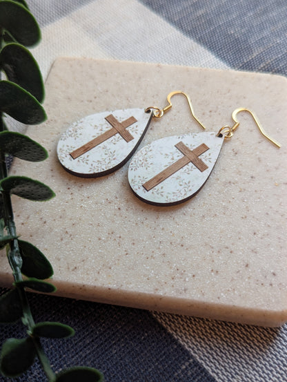 Leafy | Floral Background | Wooden Cross | Neutral | Faith | Christian | Teardrop Earrings | Gold-Filled Hooks