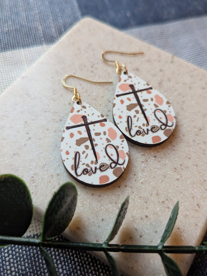 Christian Teardrop Dangle Earrings | Terrazzo Print | Nail Cross | Loved | Faith | Gold-Filled Hooks