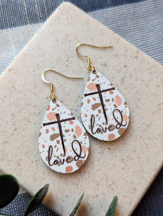 Christian Teardrop Dangle Earrings | Terrazzo Print | Nail Cross | Loved | Faith | Gold-Filled Hooks