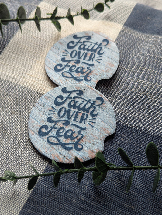 Christian Car Coasters (Set of 2): Faith over fear Neoprene Cup Holder Set