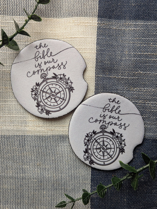 Christian The Bible is Our Compass Car Coasters | Faith | Neoprene Absorbent Car Cup Holder Protector