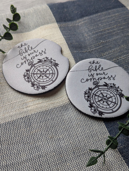 Christian The Bible is Our Compass Car Coasters | Faith | Neoprene Absorbent Car Cup Holder Protector