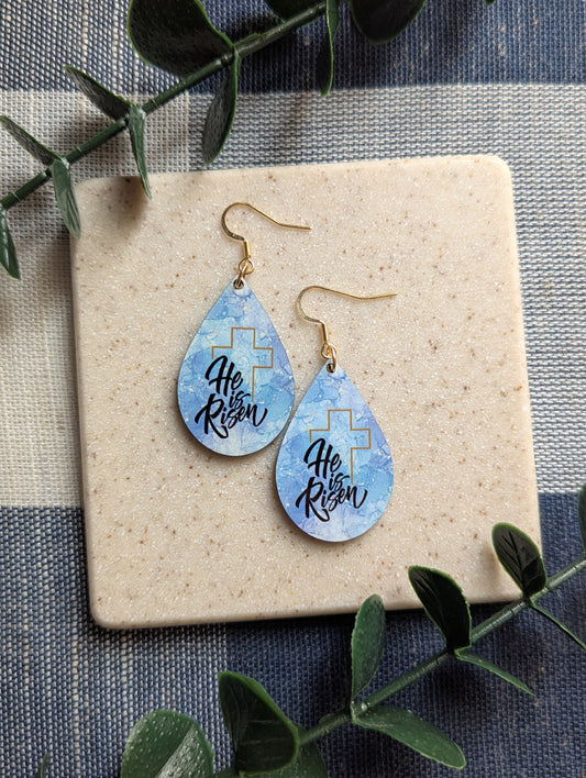 He Is Risen | Resurrection Day | Easter | Watercolor | Gold Cross | Faith | Christian | Teardrop Earrings