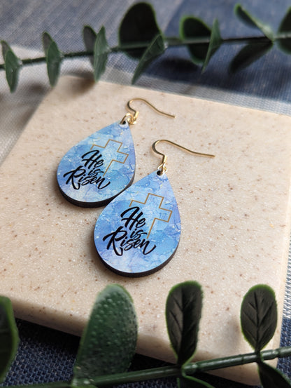 He Is Risen | Resurrection Day | Easter | Watercolor | Gold Cross | Faith | Christian | Teardrop Earrings