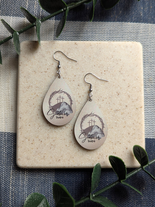 Our Savior Lives | Resurrection Day | Easter | Neutral | 3 Crosses | Empty Tomb | Crown of Thorns | Faith | Christian | Teardrop Earrings