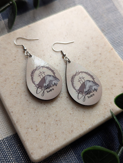 Our Savior Lives | Resurrection Day | Easter | Neutral | 3 Crosses | Empty Tomb | Crown of Thorns | Faith | Christian | Teardrop Earrings
