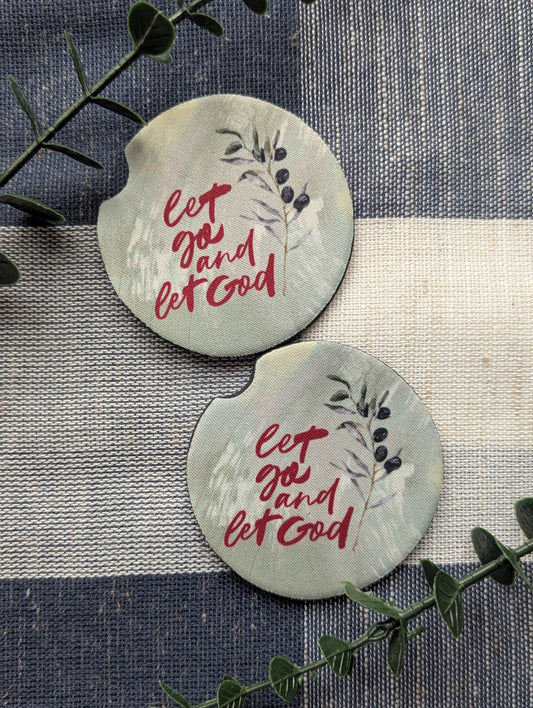 Christian Car Coasters (Set of 2): Let go and Let God Neoprene Cup Holder