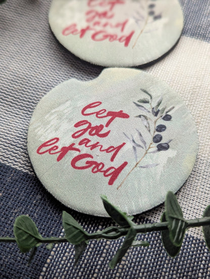 Christian Car Coasters (Set of 2): Let go and Let God Neoprene Cup Holder