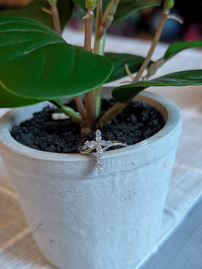 Cubic Zirconia Cross Ring | Silver Stainless Steel Faith Ring | Christian Jewelry Gift for Women | Sparkling Cross Band