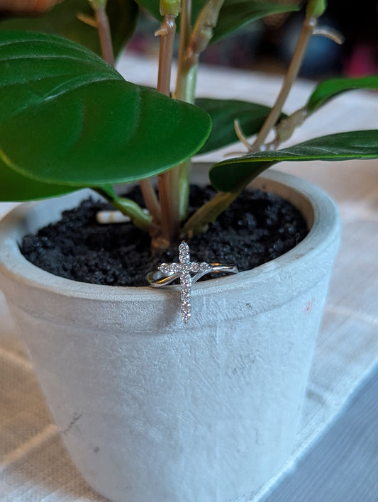 Cubic Zirconia Cross Ring | Silver Stainless Steel Faith Ring | Christian Jewelry Gift for Women | Sparkling Cross Band