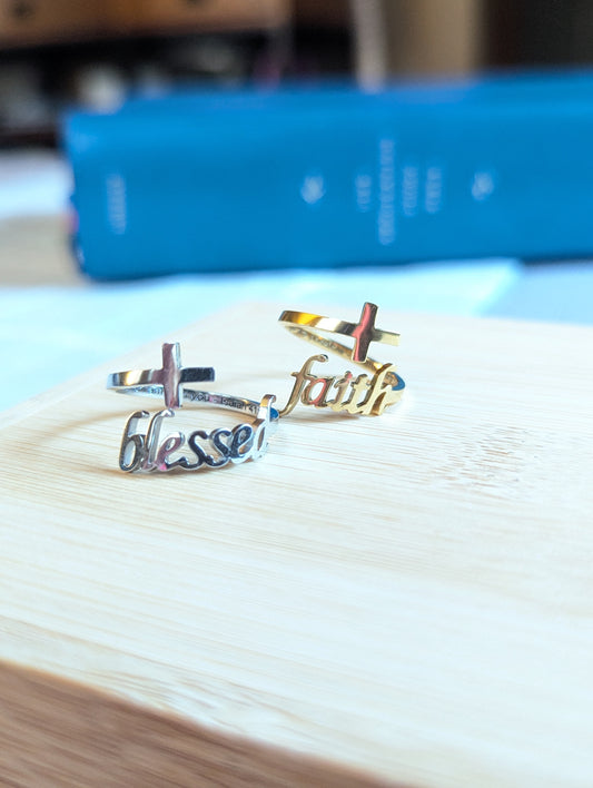 “Blessed” or "Faith Ring 18K Adjustable Gold PVD or Stainless Steel | Christian Jewelry | Faith Gift | Inspirational Ring | Adjustable Stainless Steel