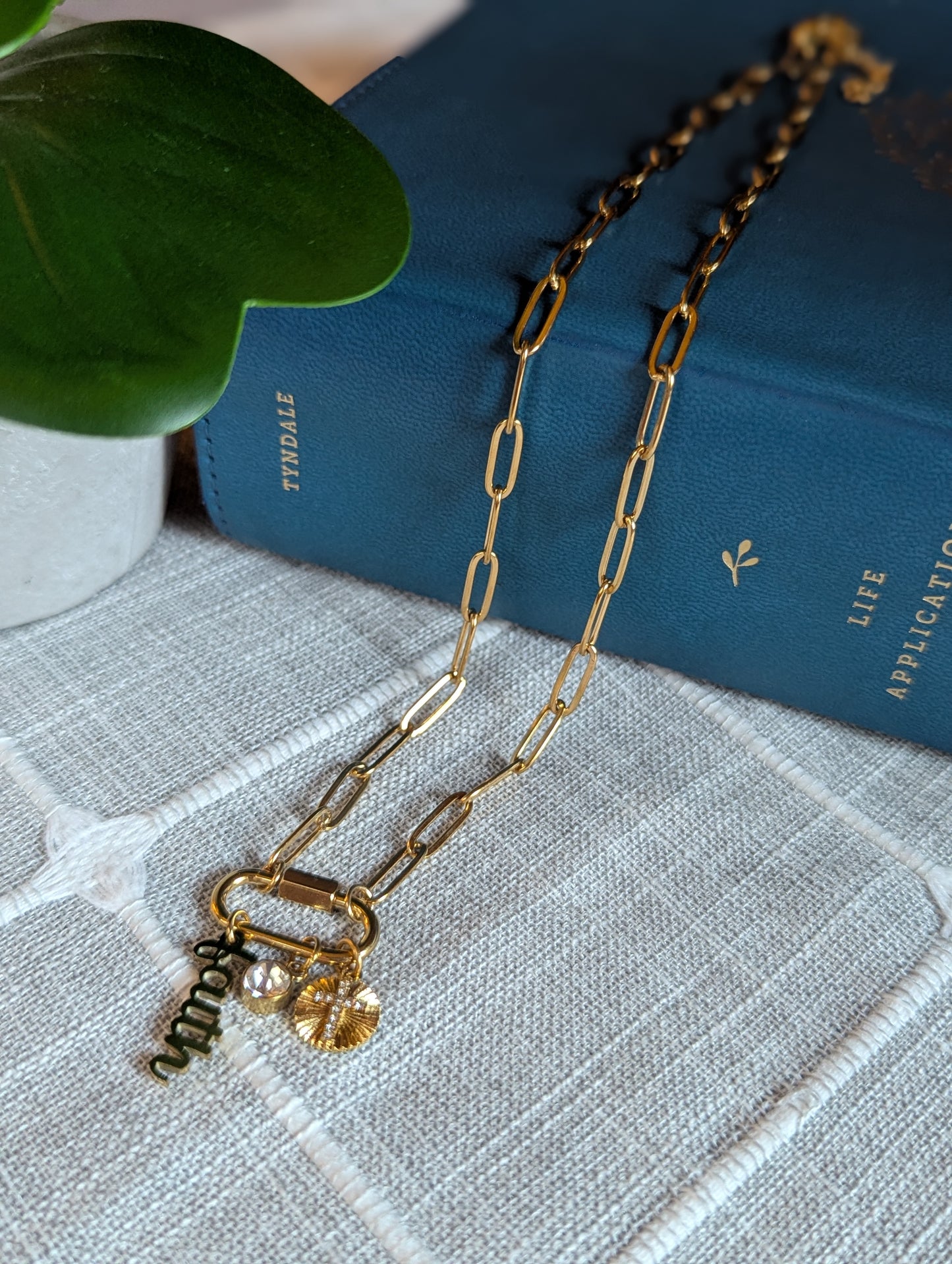 Faith-Inspired “Amen” Paperclip Chain Necklace | Gold Plated Stainless Steel | Christian Jewelry | Layered Charm Necklace with Cross & Crystal |
