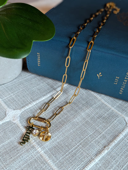 Faith-Inspired “Amen” Paperclip Chain Necklace | Gold Plated Stainless Steel | Christian Jewelry | Layered Charm Necklace with Cross & Crystal |