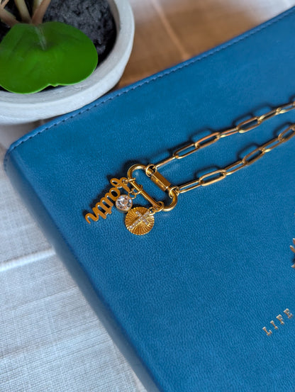 Faith-Inspired “Amen” Paperclip Chain Necklace | Gold Plated Stainless Steel | Christian Jewelry | Layered Charm Necklace with Cross & Crystal |