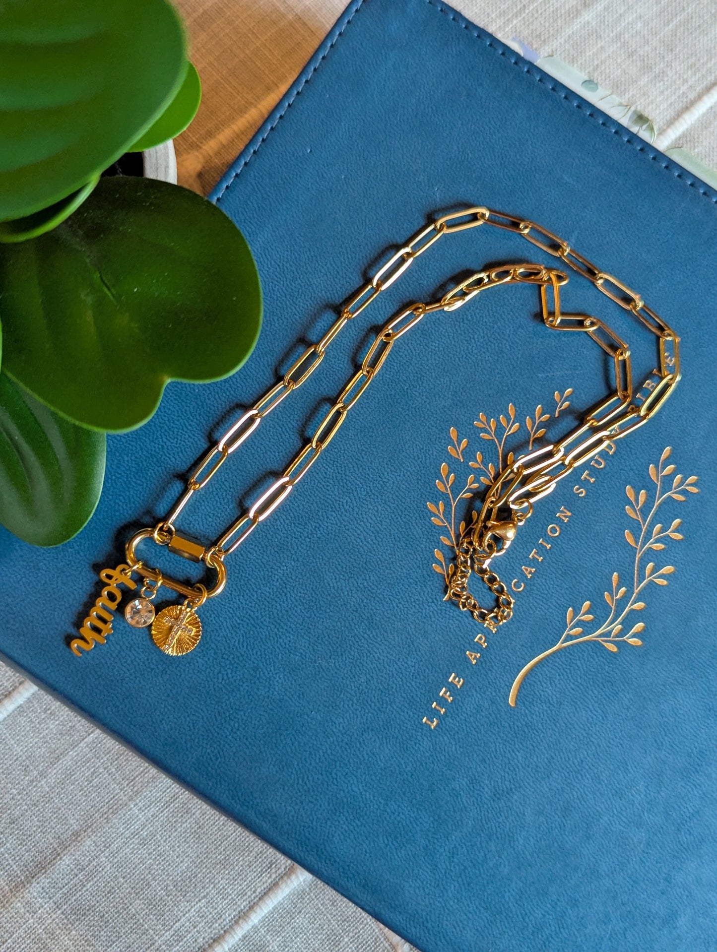 Faith-Inspired “Amen” Paperclip Chain Necklace | Gold Plated Stainless Steel | Christian Jewelry | Layered Charm Necklace with Cross & Crystal |