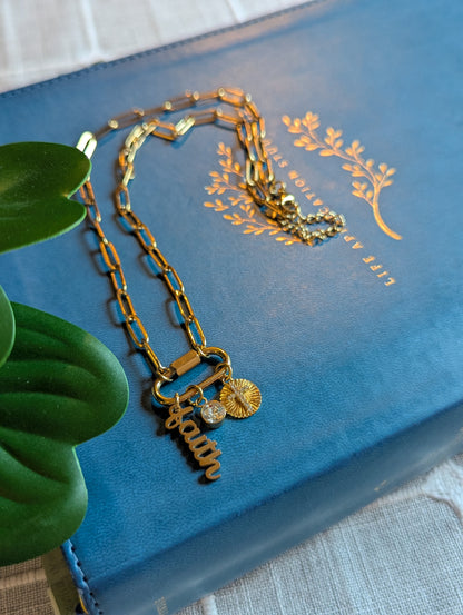 Faith-Inspired “Amen” Paperclip Chain Necklace | Gold Plated Stainless Steel | Christian Jewelry | Layered Charm Necklace with Cross & Crystal |