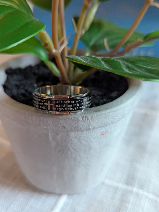 Lord’s Prayer Spinner Ring | Stainless Steel Christian Ring with Black Background | Scripture Prayer Ring for Men