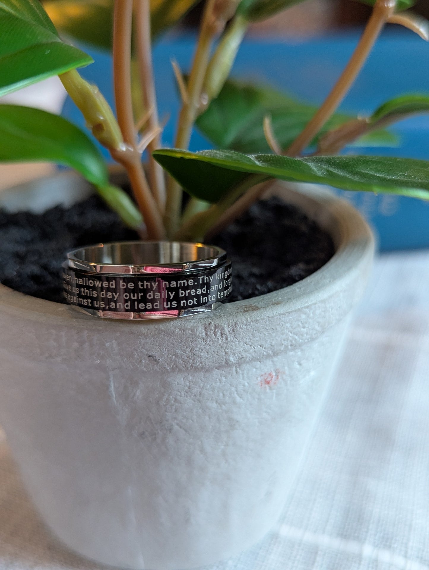 Lord’s Prayer Spinner Ring | Stainless Steel Christian Ring with Black Background | Scripture Prayer Ring for Men