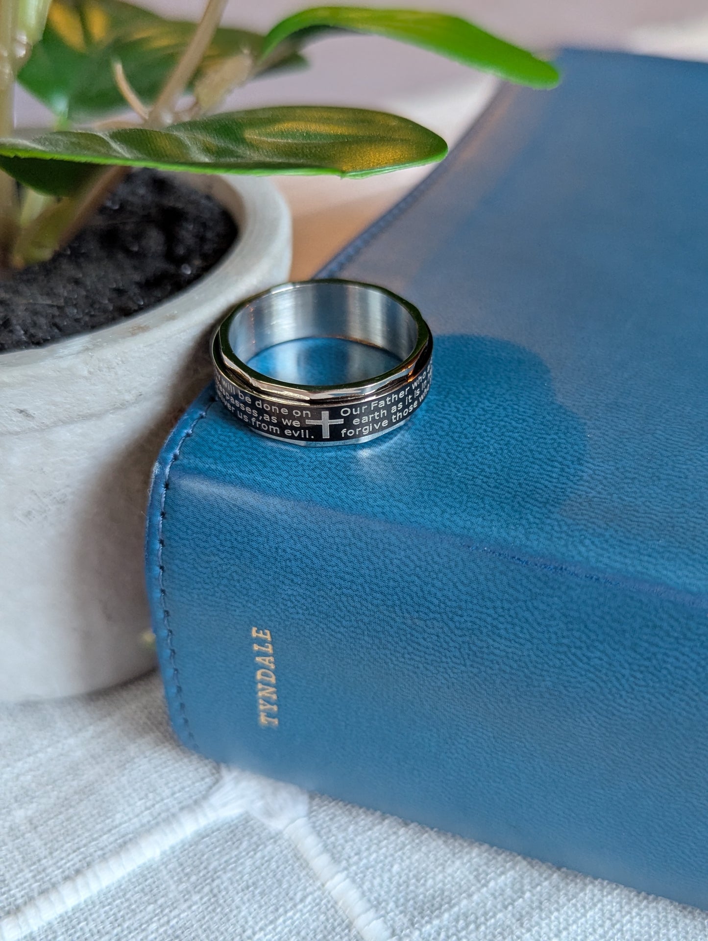 Lord’s Prayer Spinner Ring | Stainless Steel Christian Ring with Black Background | Scripture Prayer Ring for Men