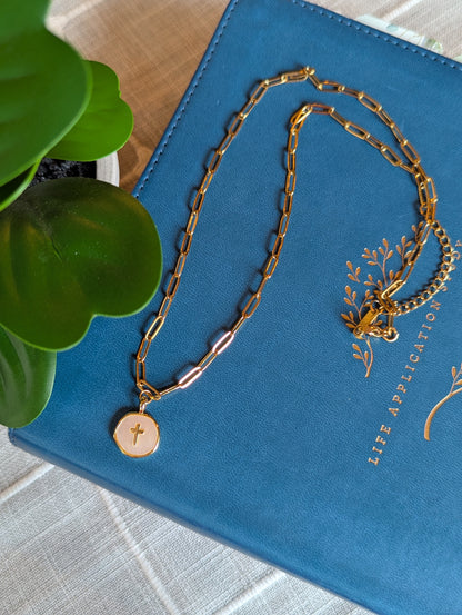 Gold Cross Necklace with Shell Inlay | Paperclip Chain Faith Necklace