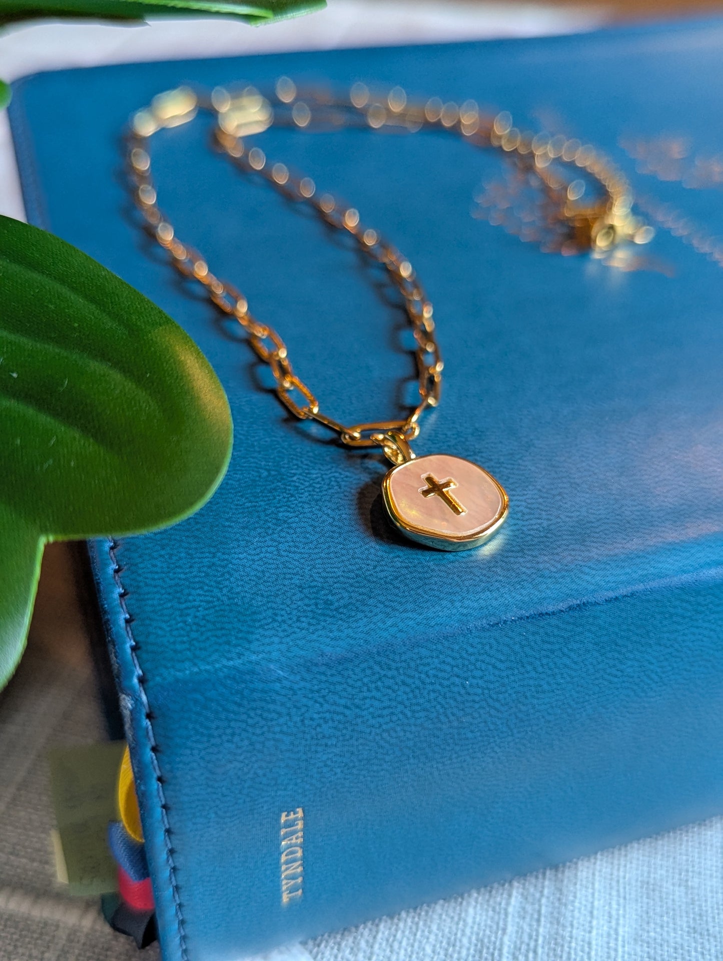 Gold Cross Necklace with Shell Inlay | Paperclip Chain Faith Necklace